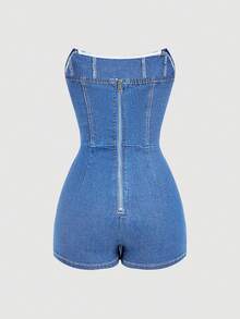 Sweetra Women's Metal Decor Asymmetric Hem Fashion Strapless Denim Jumpsuit - Blue - View 2