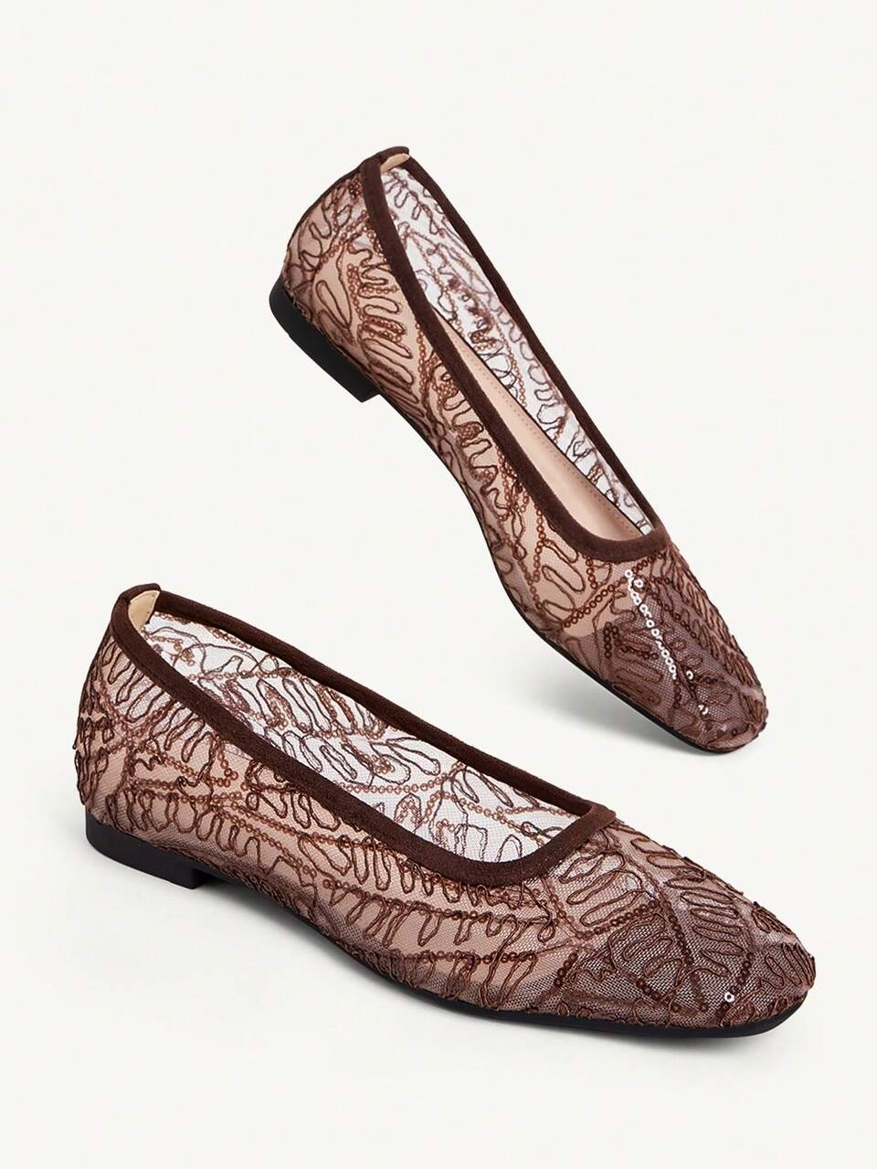 CUCCOO CHICEST Retro Brown Sequined Mesh Flat-Soled Shoes, Women's Summer Breathable Square-Toe Grandma Shoes, Elegant Commuting Slouchy Shoes