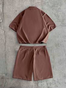 AXEPEAK Men's Plus Size Short Sleeve Shirt And Shorts Set - Brown - View 3