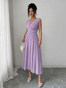 Elenzga Women's Elegant Romantic V-Neck Sleeveless Pleated Dress - Mauve Purple - View 4