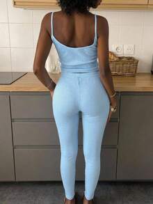 Livesso 2pcs Solid Color Sleeveless Camisole Top & Slim Fit Long Pajama Pants Summer Sleepwear Set For Women - Blue - View 2