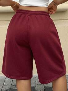 Dazy Plus Elastic Waist Loose Bermuda Shorts Sports CasualBermuda Shorts Plus Size Women Spring Summer Sweat Shorts - Burgundy - View 3