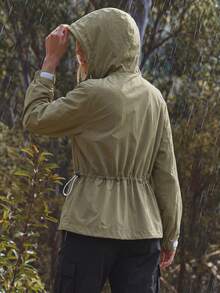 WanderVale Women's Letter Print Long Sleeve Drawstring Hooded Outdoor Rain Jacket - Olive Green - View 4
