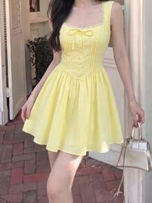 SHEIN MOD Women's Comfortable Yellow Mini Dress,Pleated Bodice, Front Buttons,Cottagecore,Vacation, Country Style,Beach,Tea Party,Garden Party,Retro,Prom,Summer - Yellow - View 5