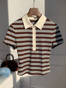 Comfortcana 女款春夏新款針織條紋 Polo 領修身短袖 T-shirt - 彩色 - 查看 1