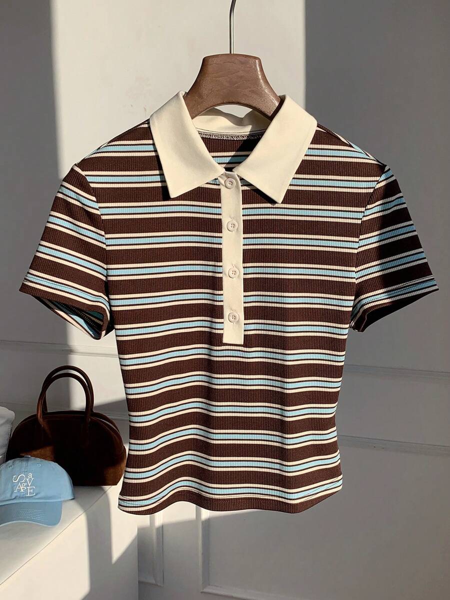 Comfortcana 女款春夏新款針織條紋 Polo 領修身短袖 T-shirt - 彩色 - 查看 1
