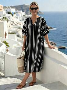 EMERY ROSE V-Neck Black And White Loose Fit Plus Size Dress Vacation Formal Summer Casual Baggy - Black - View 3