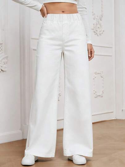 SHEIN Essnce Women's Casual Versatile Elastic High Waist Wide Leg Loose White Woven Thin Fabric Regular Denim Long Pants School Summer Daytime Holiday Travel