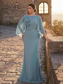 Serin Plus Size Elegant Classy Formal Party Bridesmaid Dusty Blue 3D Floral Flutter Sleeve Chiffon Ruched A-Line Dress Evening Dinner Wedding Prom Fall - Baby Blue - View 6