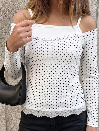SHEIN Top blanco versátil de moda para niña, estilo casual diario dulce y femenino, 2 en 1 con camisola y manga larga, lunares y ribete de encaje en contraste