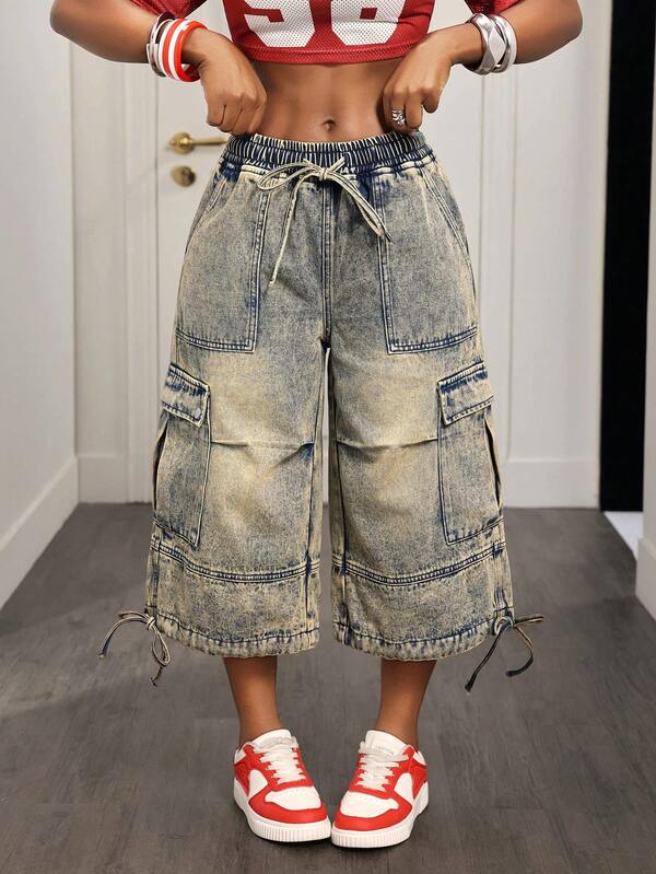 Slaydiva Quần denim túi hộp nữ dáng siêu rộng ống rộng lửng