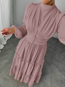 Veilorie 女款優雅純色燈籠袖洋裝 - 藕粉色 - 查看 5