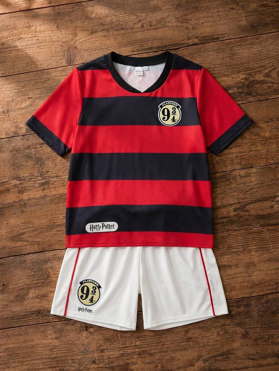 HARRY POTTER X SHEIN Tween Boy Summer Casual Sports Daily Commute School Style Contrast Stripe Print Short Sleeve T-Shirt And Shorts Set - Red - View 1