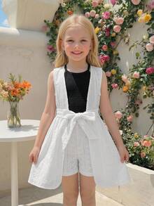 SHEIN Elladie kids 女童夏季新款简约吊带露脐背心，休闲直筒白色短裤，无袖针织提花薄外套（带腰带装饰），三件套舒适休闲时尚套装 - 黑與白 - 查看 4