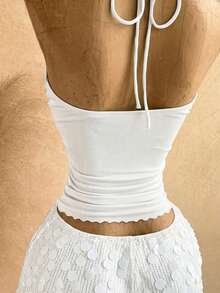 Soleia Women's Sexy Solid Color Halter Neck V-Neck Knot Asymmetrical Hem Tank Top Beach White Summer - White - View 5
