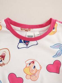 LOONEY TUNES X SHEIN 女嬰卡通印花短袖T恤與短褲休閒日常套裝 - 白色 - 查看 3