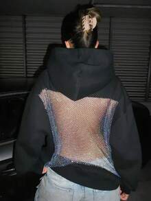 INAWLY 大尺碼女款休閒露背網紗亮片連帽衛衣，日常休閒街頭風演唱會套頭衫，冬季款 - 黑色 - 查看 6