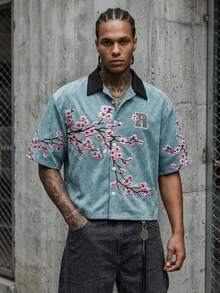 Manfinity ZONE917 Boxy Cropped Streetwear Distressed Faux-Snow Embroidery Cherry Blossom Pattern R-Logo All-Over Print Blue-Green Short Sleeve Shirt - Multicolor - View 5
