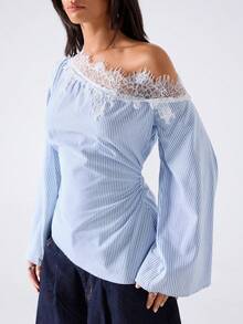 LYSMO Blusa de mujer con patchwork de encaje y rayas, casual elegante versátil para uso diario, oficina, brunch, conjuntos para salir, top combinable azul y blanco a rayas otoño - Azul - Ver 2