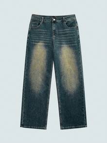 Modcrash Jeans de mezclilla desgastados y lavados para hombres de talla grande, estilo casual de calle universitaria - Azul - Ver 3