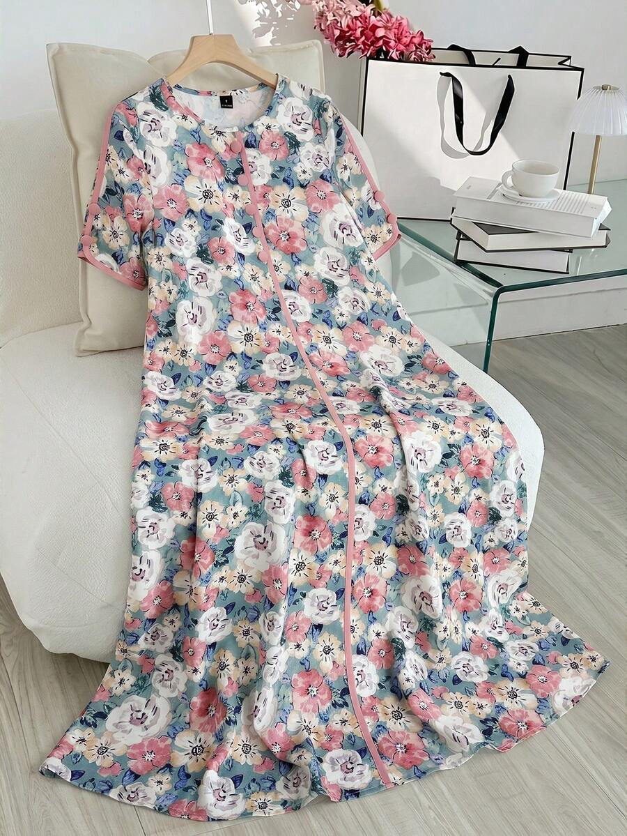 Al Najma Women's Floral Print Round Neck Short Sleeve Single-Breasted Arabian Dress - Multicolor - View 1