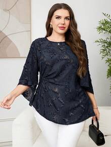 Reflora Plus Size Elegant Commuter Solid Color Cut-Out Blouse - Navy Blue - View 7