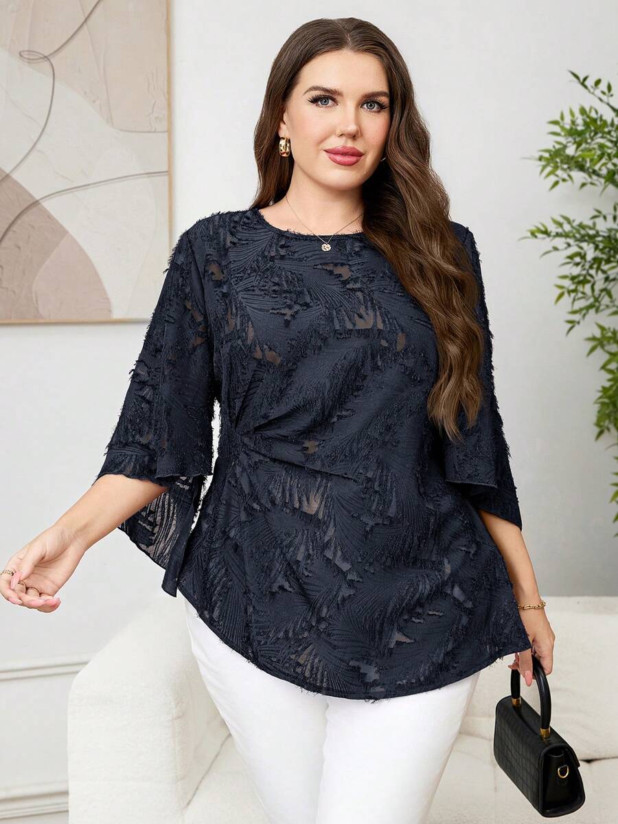 Reflora Plus Size Elegant Casual Sexy Commuter Solid Color Cut-Out Blouse Teachers' Day Dinner Party Brunch Formal Evening Office Navy Blue Autumn Fall - Navy Blue - View 1