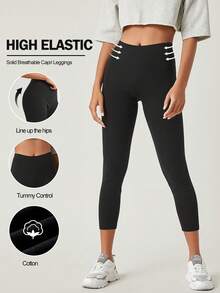 SHEIN BASICS Leggings Capri Transpirables de unicolor para Mujer en Verano - Negro - Ver 6
