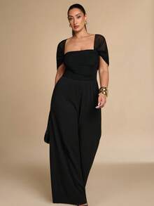 SHEIN BAE CURVE Plus Size Women's Black Lace Patchwork Long Sleeve Wide Leg Jumpsuit, Elegant Business Casual Dinner Cocktail Summer - Black - View 5