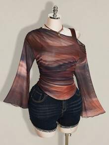 SHEIN ICON 女款大尺碼紮染 2 合 1 喇叭袖網紗 T 恤 秋季 - 彩色 - 查看 5
