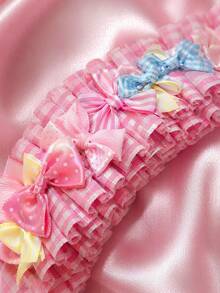 Zazumi 1PC/2PCS Kawaii Soft Girl Hair Band Pink Plaid Pleated Pastel Bows Ruffled Frill Hair Decor Accessory With Lace Strap For Casual Outings Gatherings - Multicolor - View 5