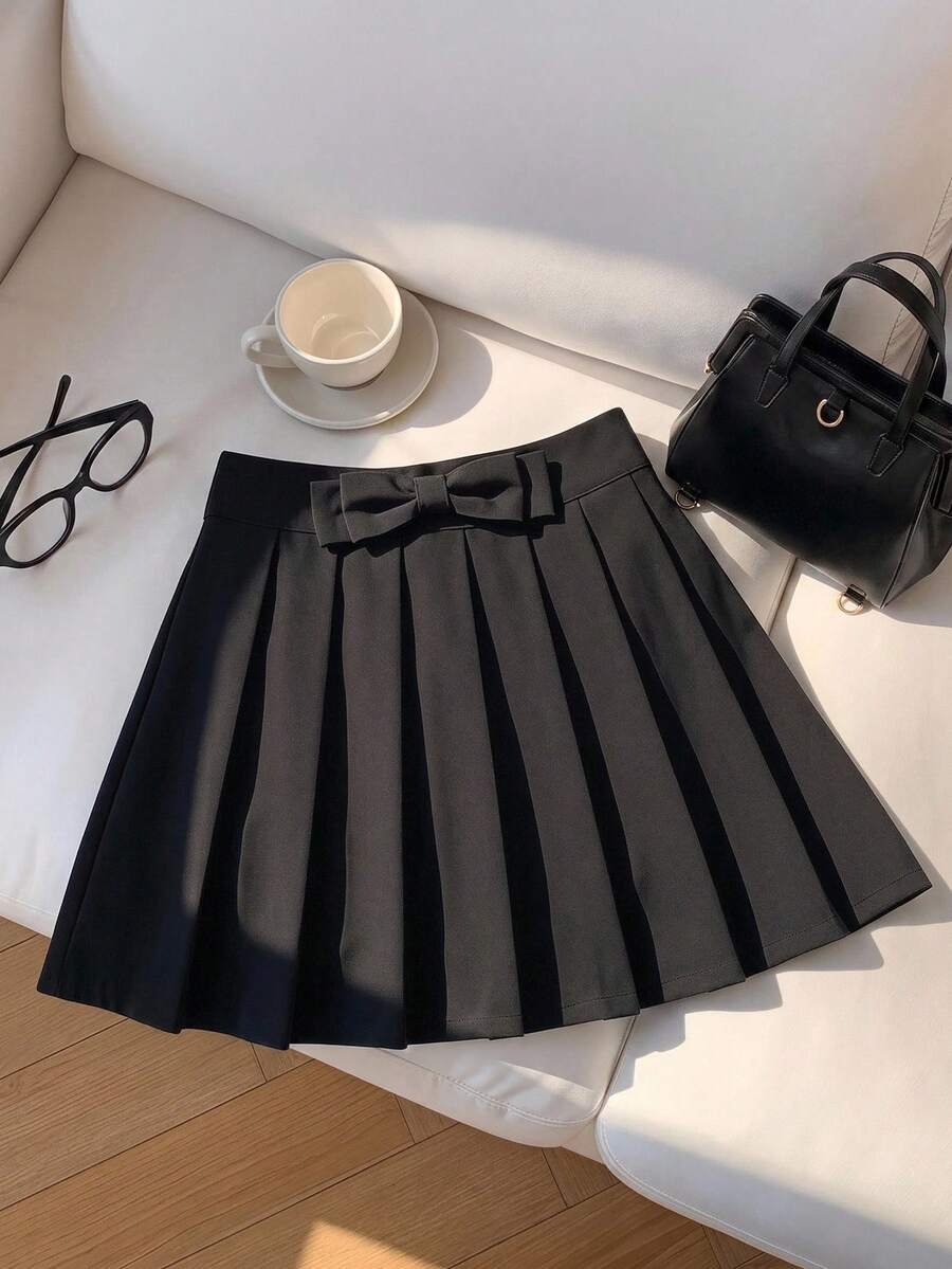 SHEIN Tween女孩 春夏返校季 梭織黑色蝴蝶結休閒百褶裙 - 黑色 - 查看 1