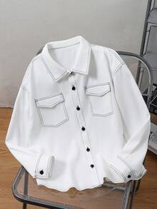 SHEIN 兒童青少年男孩休閒拼色對比縫線翻領白色襯衫，秋季衣物，秋冬衣物，冬季衣物，適合秋冬/冬季，學校，返校，運動 - 白色 - 查看 3