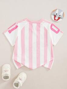 LOONEY TUNES X SHEIN Young Girl Fun Sporty Style Striped Cartoon Pattern Print Short Sleeve Round Neck T-Shirt - Pink - View 2