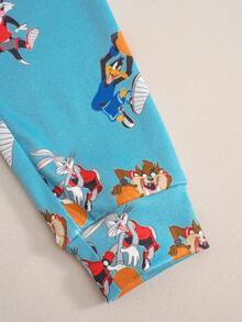 LOONEY TUNES X SHEIN 小男孩卡通圖案條紋印花圓領短袖上衣與長褲居家服套裝 - 黃色 - 查看 7