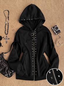 Attitoon Sweatshirt Wanita Polos dengan Tali Serut dan Hiasan Kancing, Pakaian Kasual Serbaguna untuk Sehari-hari - Hitam - View 1