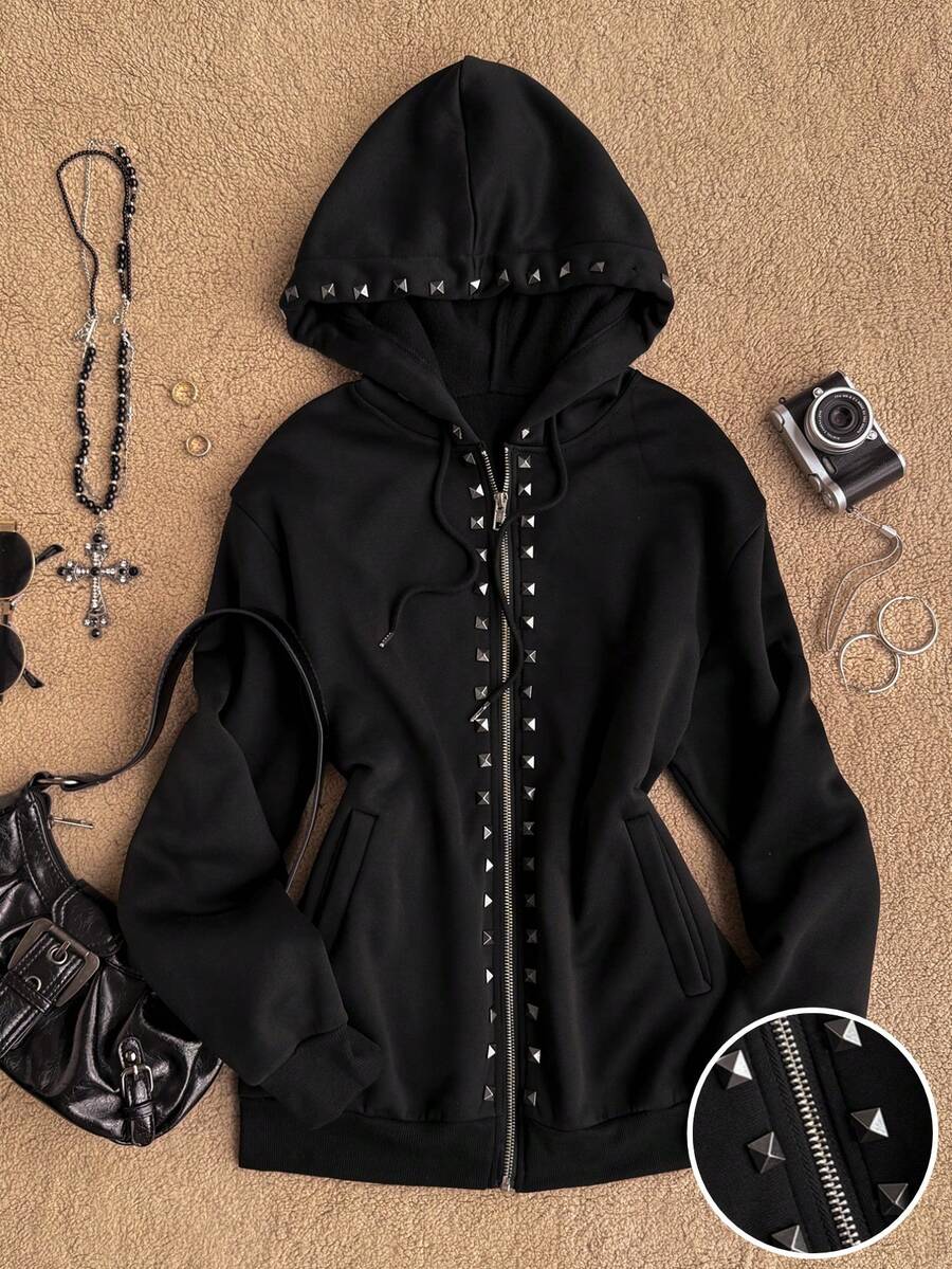 Attitoon Sweatshirt Wanita Polos dengan Tali Serut dan Hiasan Kancing, Pakaian Kasual Serbaguna untuk Sehari-hari - Hitam - View 1