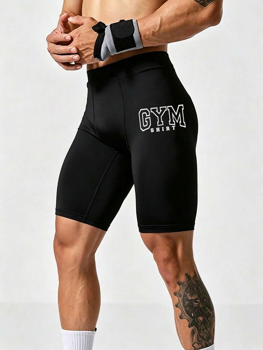 Coreblaze Men's Letter Print High Waist Athletic Base Layer Shorts - Black - View 1