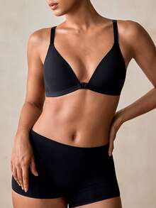 Veilyse 1pc Women's V-Neck Comfortable Wireless Front Closure Soft Cup Cotton Solid Color Bra With Adjustable Straps - Black - View 4