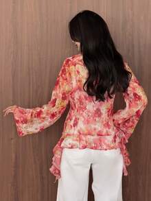 Yasmeen Edit Yasmeen Edit 女士荷叶边系带喇叭袖印花雪纺衬衫 - 彩色 - 查看 2