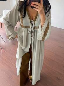 DAZY Camisón largo suelto de mujer con encaje, patchwork y lazo, estilo elegante de vacaciones para verano y otoño - Verde - Ver 4