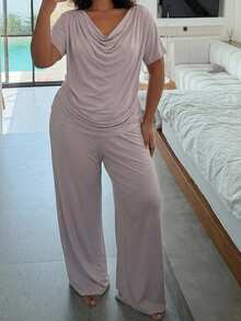 Dazy Plus Plus Size Knitted Ruched Cowl Neck Loose Casual Asymmetrical Cold Shoulder Top And Long Pants 2-Piece Loungewear Set For Spring/Summer - Grey - View 3