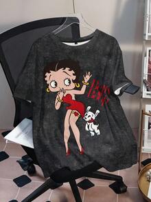 Betty Boop x SHEIN Plus Size Women's Letter Cartoon Print Round Neck Short Sleeve Casual T-Shirt - White - View 3