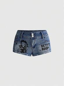 Betty Boop | ROMWE 春夏 Y2K 熱辣女孩聯名復古機車印花超低腰迷你牛仔短褲 - 藍色 - 查看 6