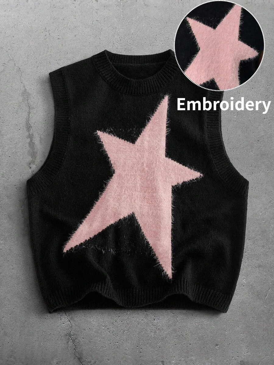 Manfinity RebelGame Fashion Men's Jacquard Sleeveless Star Pattern Sweater - Black - View 1