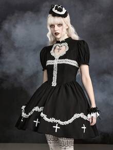 ROMWE Goth 女款短洋裝 哥德童話風 心形十字蕾絲刺繡 可愛病嬌哥特風 - 黑與白 - 查看 4