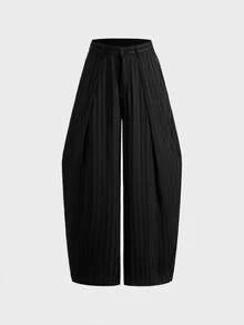 SWAVVY Pantalones de pierna ancha con rayas y pliegues con bolsillos para hombres - Negro - Ver 2
