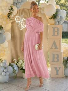 Loomaby Maternity Solid Color Pleated Asymmetric Neck Elegant Dress - Pink - View 5