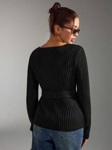 SHEIN 女装不对称圆环细节罗纹针织毛衣上衣 - 黑色 - 查看 8