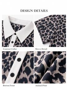 ELLERISSA Curve Elegant Leopard Printed Oversized Tee With Polo Shirt Detail For Women,Pink And Grey,Summer,Smart Casual,Everyday Plus Size Tops - Multicolor - View 6